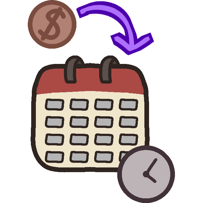purple arrow pointing from a coin with a dollar symbol to a calendar displaying a month, which has a clock in front of it.
